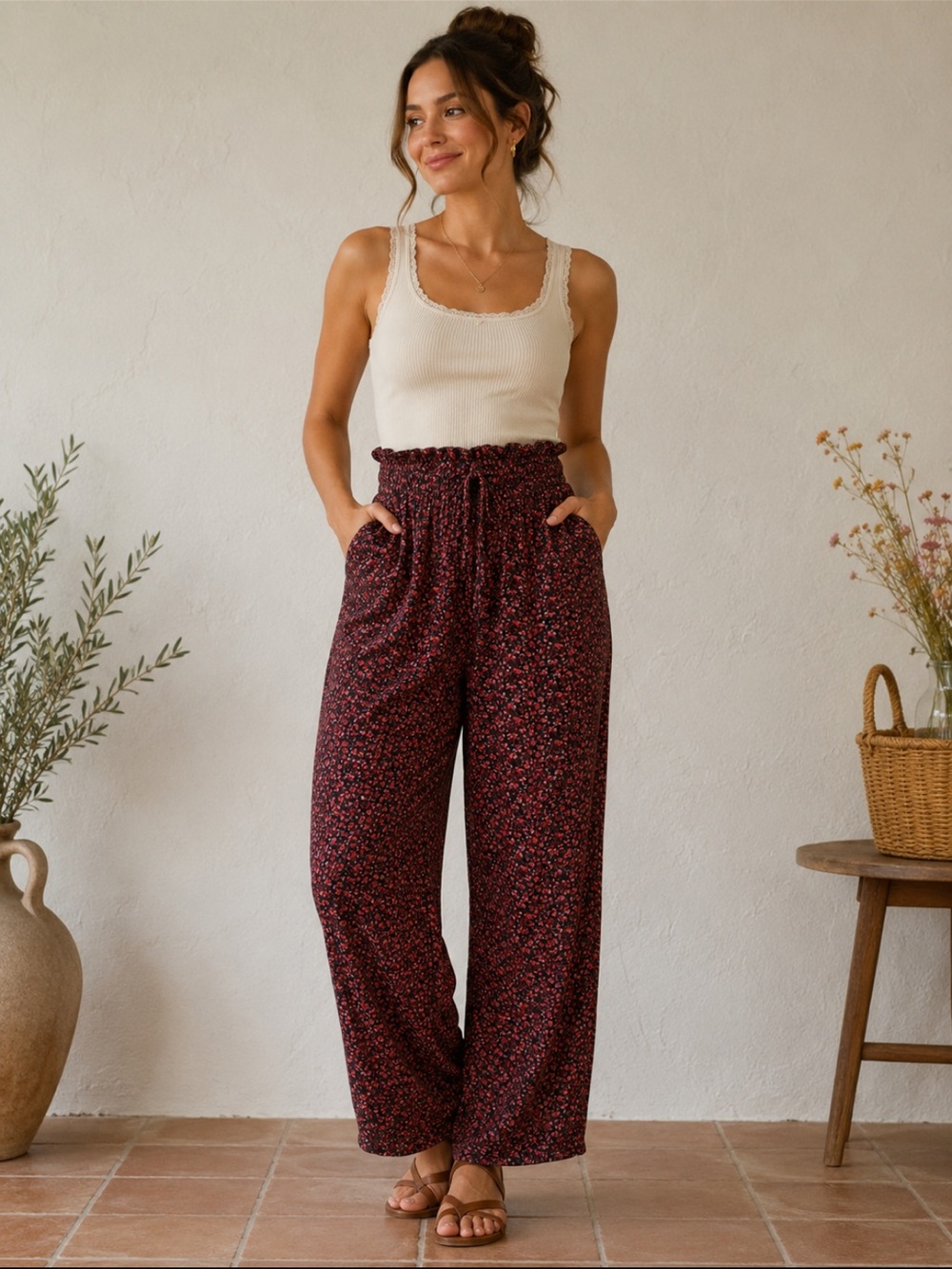 American Eagle Outfitters Burgundy Floral Wide Leg Pants